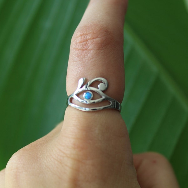 Sterling Silver Blue Simulated Opal Eye Of Horus Cutout Ring - 925 Silver Rings for Women - Symbol Indie Y2k - Stacking Statement Evil Eye