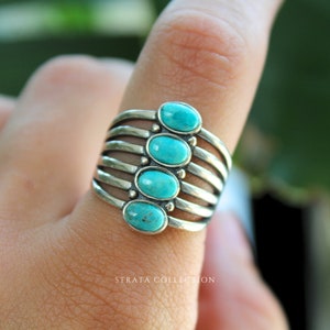 Sterling Silver Turquoise Four Stack Bali Ring - Blue Gemstone December Birthstone Ring - 925 Sterling Silver Rings for Women - Statement