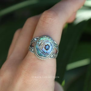 Sterling Silver Oval Duo Abalone Shell - 925 Rings for Women - Statement Ring Dot Blue - Natural Shell Dainty Stacking - Pattern Large Gem