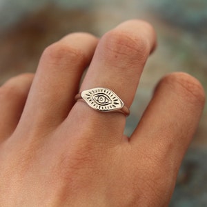 Sterling Silver All Seeing Eye Signet - 925 Silver Signet Rings for Women - Illuminati Edgy Evil Eye of Horus- Thin Band Statement y2k