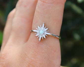 Sterling Silver Opal North Star Ring - Dainty Astrology White Simulated Opal - Gemstone Rings for Women Stacking Dainty Delicate Gift Moon