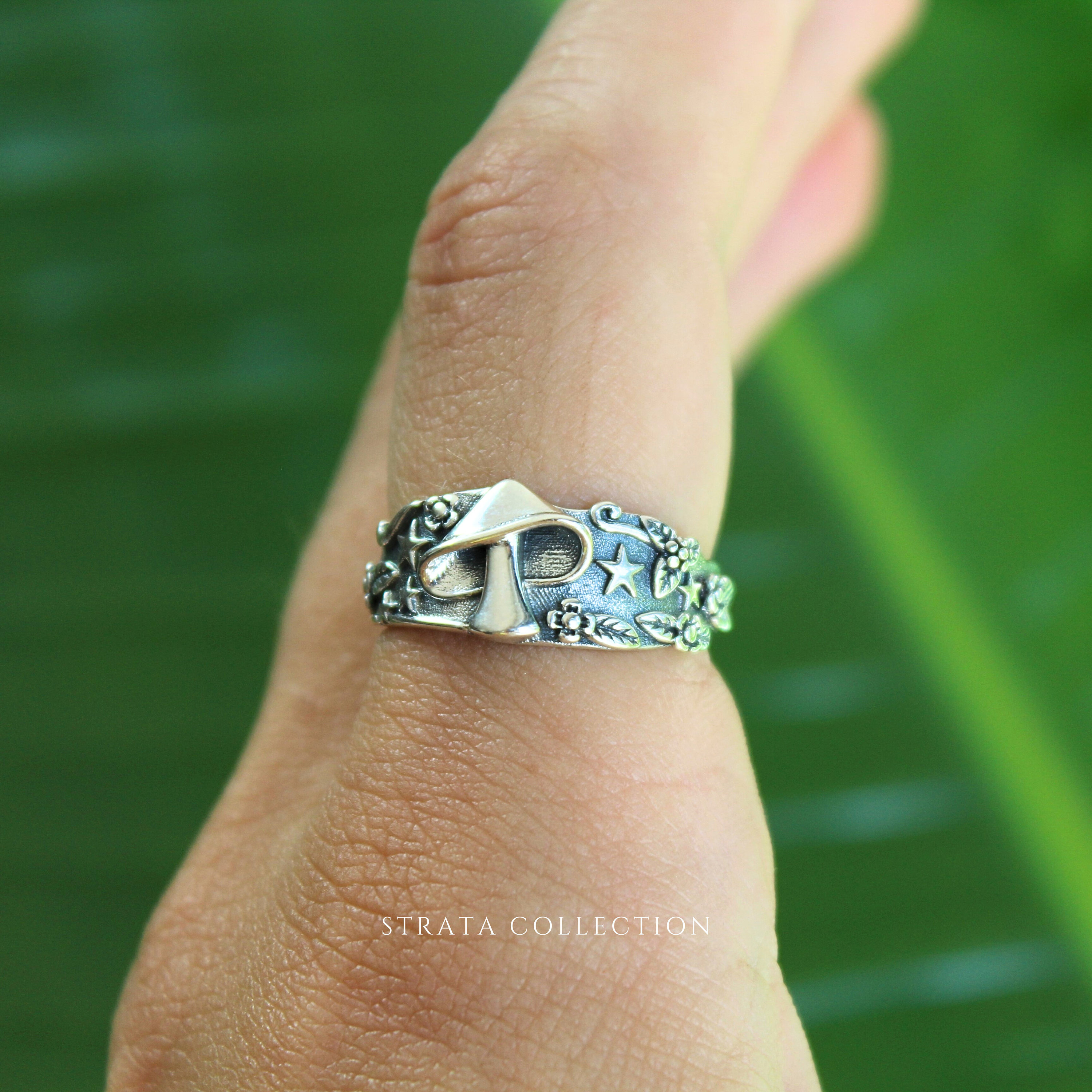 Sterling Silver Mythical Mushroom Ring - Y2K Dainty 925 Silver Rings for Women - Statement Ethereal Stacking Ring - Cottage Core Band Ring