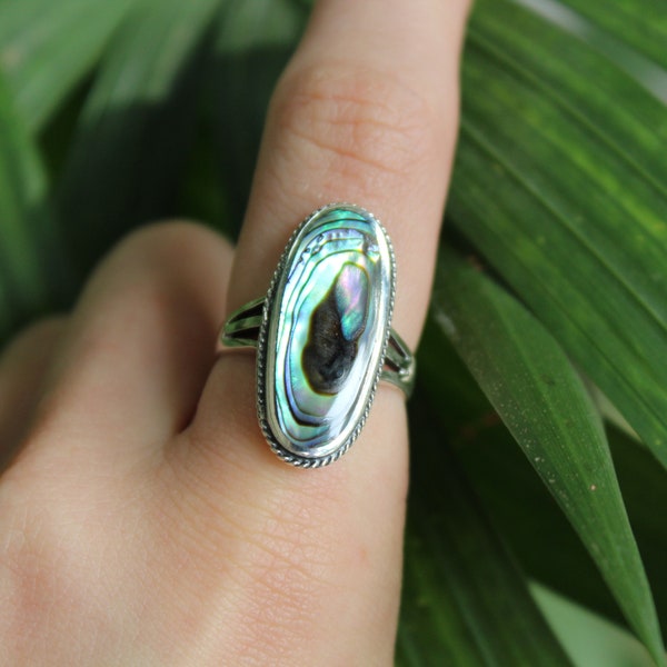 Sterling Silver X-Large Oval Abalone Shell - 925 Rings for Women - Sterling Silver Ring Blue Statement Ring - Natural Shell Duo chrome Band