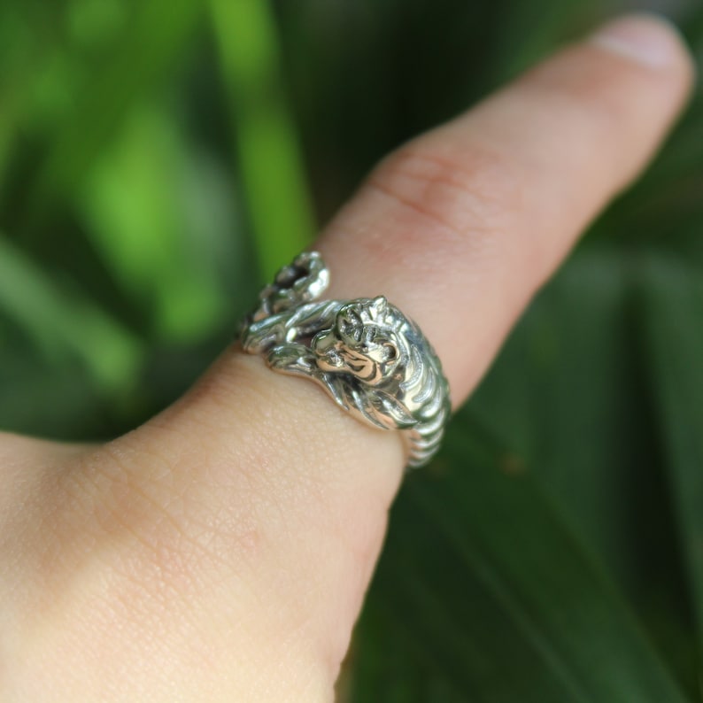 Sterling Silver Tiger Wrap Ring 925 Silver Rings for Women Edgy Boho Thin Band Statement Dainty Animal Big Cat Chunky Swirl Indie Ring image 3
