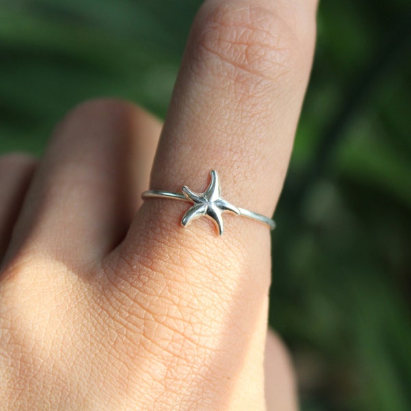 Sterling Silver Dainty Starfish Ring - 925 Sterling Silver Rings for Women-Stacking Delicate Band Statement Ocean Lover Gift Sea Fish Dainty