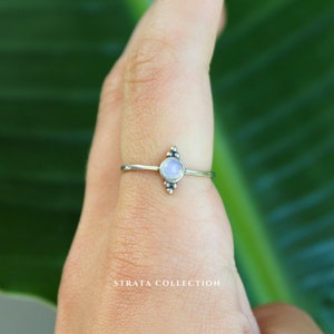Sterling Silver Moonstone Oval Stacking Trio Dot Ring - 925 Silver Rings for Women - Rainbow Gemstone Natural Crystal -Dainty Band