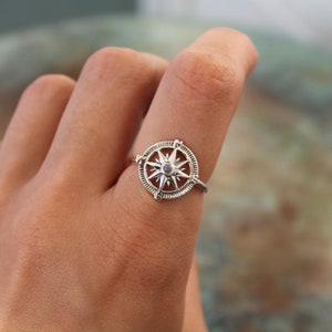 Sterling Silver Compass Moonstone - 925 Silver Rings for Women - Circle Gemstone Natural Crystal -Statement Dainty Stacking Ring Gift Circle