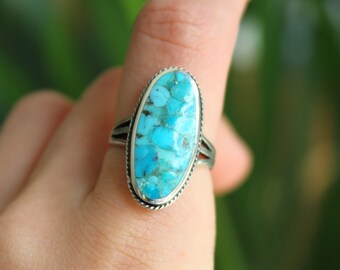 Sterling Silver X-Large Turquoise Ring - Large Oval Blue Gemstone December Birthstone - 925 Silver Rings for Women - Natural Stone Gift