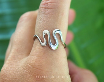 Sterling Silver Wavy Ring - Dainty Wave 925 Rings for Women - Funky Wave Abstract - Tarnish Free Gift - Plain Everyday Statement Stacking