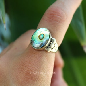 Sterling Silver Abalone Shell Ring - 925 Rings for Women Sterling Silver Ring -Dainty Statement Pattern Stacking Blue Stone Ring - Chunky