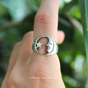 Sterling Silver Moon Signet Ring - Star 925 Signet Ring for Women - Astrology Vintage Look Bold Funky Cutout Statement - Stacking Band Gift