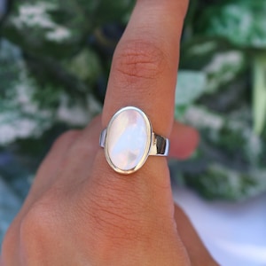 Sterling Silver Mother of Pearl Large Oval - Statement Shell Natural 925 Silver Rings for Women - Stacking Band Pink White Opal Gift Band
