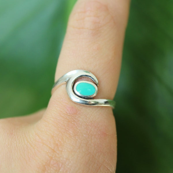 Sterling Silver Turquoise Ocean Wave Ring - Blue Gemstone Stone Ring December Birthstone 925 Signet Rings for Women - Gift Chunky Surf Wavy