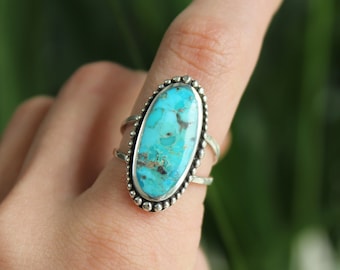 Sterling Silver Large Oval Bali Turquoise Ring - Large Blue Gemstone December Birthstone - 925 Silver Rings for Women - Natural Stone Gift