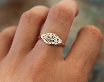 PERIMADE 14K Gold Plated Sterling Silver Evil Eye Signet Ring Gold Statement Ring for Women Mother/'s Day Gift