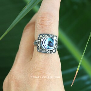 Sterlingzilveren vierkante abalone schelp ring - abalone schelp 925 ringen voor vrouwen - statement ring groot patroon Bali henna tribal Azteekse chunky