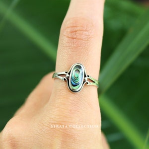 Sterling Silver Abalone Oval Ring - Abalone Shell 925 Rings for Women - Dainty Vintage Look Blue - Dainty Gem Stacking Band Ring Statement