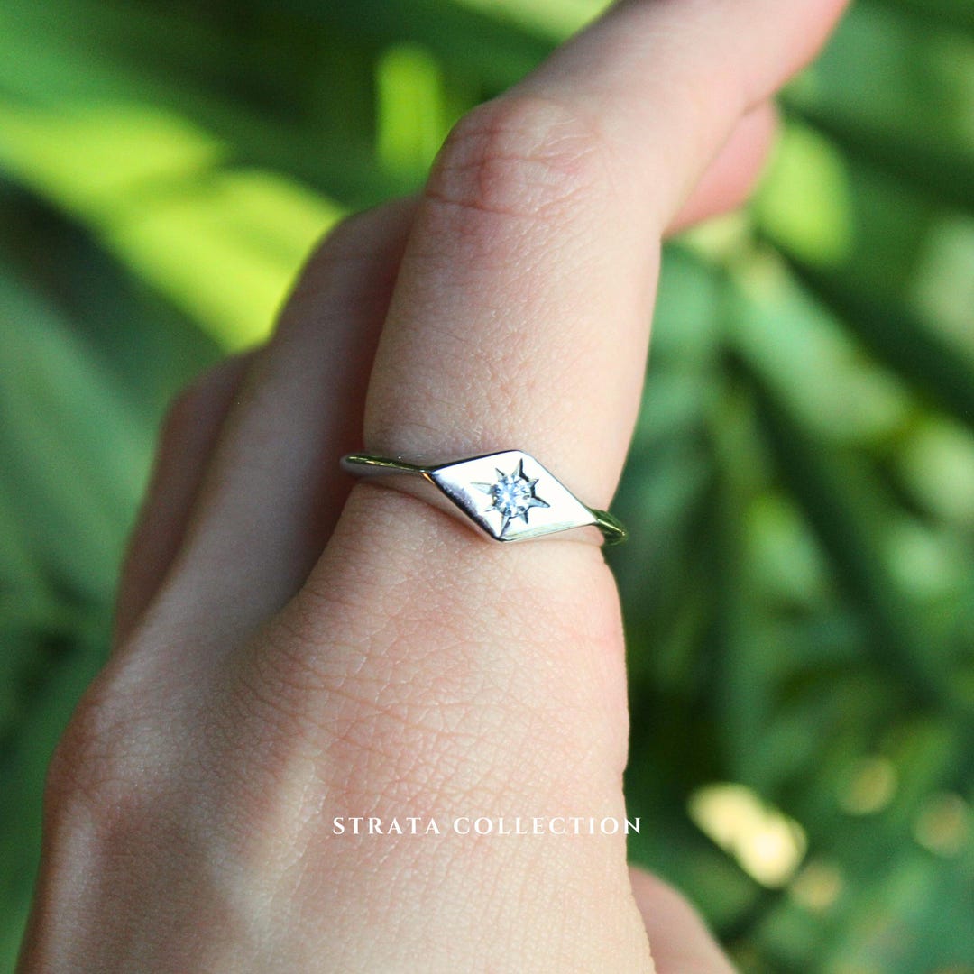 Angular Simple Rings Sterling Silver Star Signet Engraved Angular Jewel Ring - Thin Band 925 ...