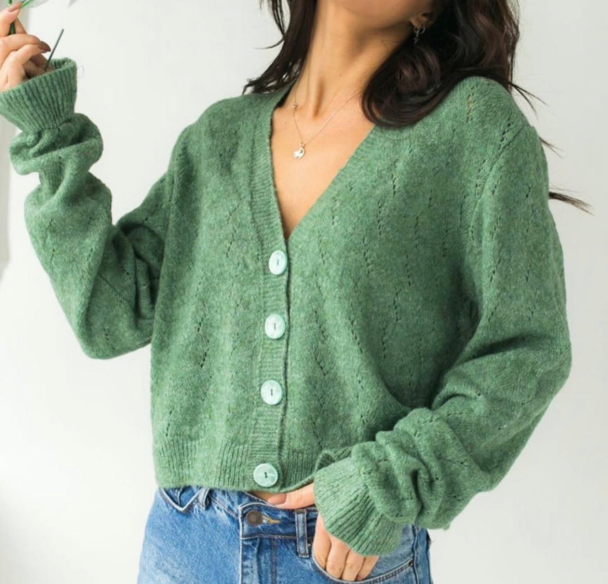 Green Wool cardigan for women V-neck Sweater cardigan for | Etsy