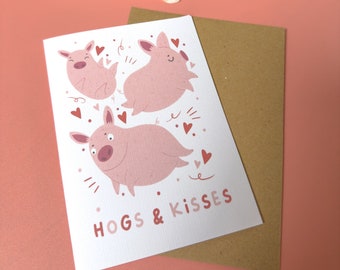 Hogs & Kisses // Valentines Day Card, Kawaii Card, Pigs, Cute Pigs, Anniversary Card, Handmade Card, Illustrated Card, Valentines Card