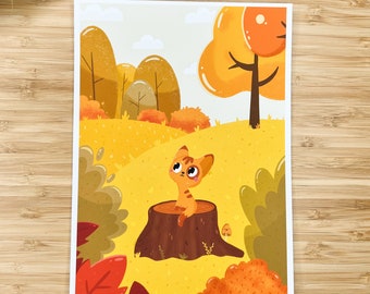 Autumn Cat // Art Print, A3, A4, A5, Hand Drawn Illustration, Autumnal Print, Cat Print, Cosy, Fall, Leaves, cottagecore, kawaii art, cute