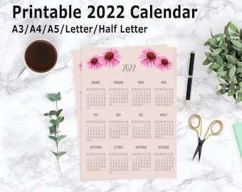 Planner Insert A4/A5/A3/Half Letter/US Letter Format. 2022 Year At A Glance Printable Calendar. Instant Download PDF File