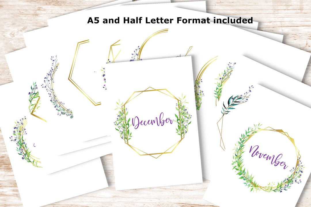 Flower Wreath Agenda Monthly Cover Pages A5 and Half Letter Size ...