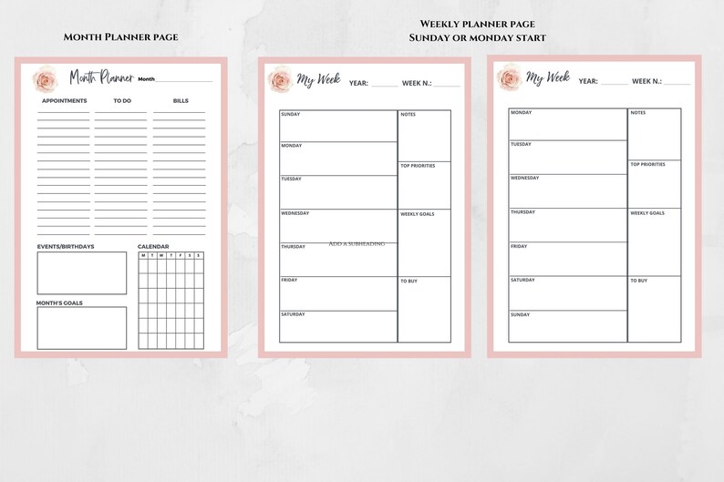 May include: A printable planner page set with a floral design. The set includes a monthly planner page, a weekly planner page with a Sunday start, and a weekly planner page with a Monday start. Each page has sections for appointments, to-do lists, bills, events, birthdays, calendar, goals, notes, top priorities, and weekly goals.