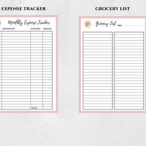 May include: A printable sheet with two sections, one for tracking monthly expenses and the other for creating a grocery list. Both sections have a floral design at the top and are divided into columns with headings for date, description, category, amount, and total.