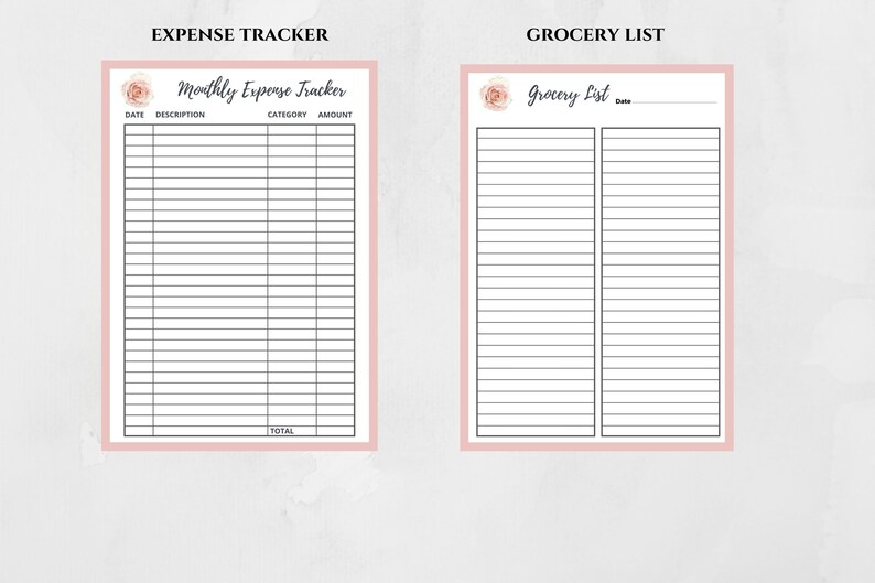 May include: A printable sheet with two sections, one for tracking monthly expenses and the other for creating a grocery list. Both sections have a floral design at the top and are divided into columns with headings for date, description, category, amount, and total.