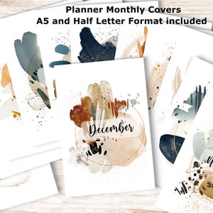 Printable Monthly Planner Covers A5 and Half Letter Format. Neutral Watercolor Agenda Month Cover Pages. A5 planner inserts