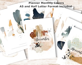 Printable Monthly Planner Covers A5 and Half Letter Format. Neutral Watercolor Agenda Month Cover Pages. A5 planner inserts