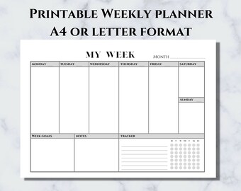 May include: Printable weekly planner in A4 or letter format. The planner has sections for each day of the week, a section for weekly goals, notes, and a tracker. It also includes a calendar grid.