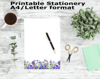 Printable A4 and Letter Writing Paper, Watercolor Blue Flower Printable Stationary,  Stationery Printable, Journal Paper