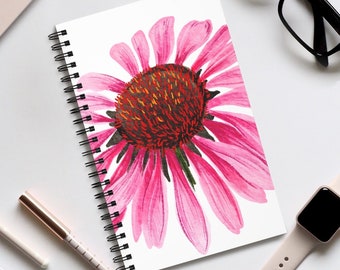 Pink Flower Spiral Notebook. Watercolor Daisy Spiral Notebook. Botanical Spiral Journal. Lined, Dotted or Blank Notebook