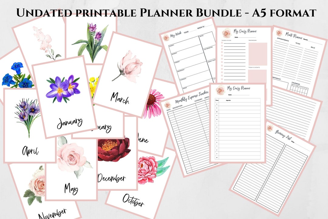 Printable Floral Undated Planner Bundle, Printable A5 Year Planner ...