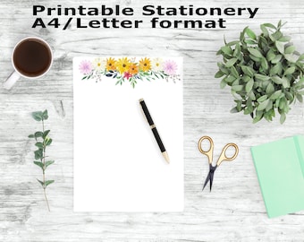 Printable Writing Paper, Watercolor Flower Printable Stationery, A4 and Letter Paper, Floral Stationary Printable, Journal Printable Pages