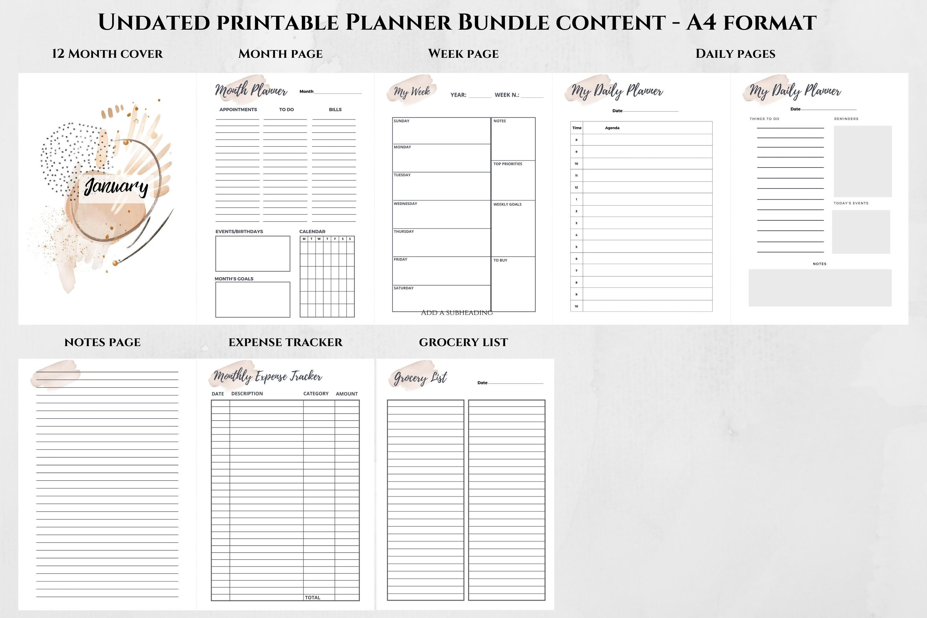 A4 Watercolor Printable Undated Planner Bundle, Printable A4 Year ...