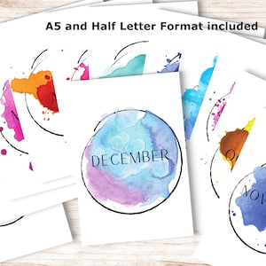A5 Colorful Watercolor Agenda Monthly Cover Pages. Printable Monthly Planner Dividers A5 and Half Letter Format. Planner Dashboard A5