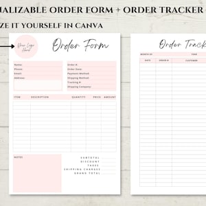Puede incluir: Una plantilla de formulario de pedido y seguimiento de pedidos imprimible en rosa y blanco. El formulario de pedido incluye campos para la información del cliente, la descripción del artículo, la cantidad, el precio y el importe. El seguimiento de pedidos incluye columnas para la fecha, el número de pedido, el cliente, el precio y hecho.