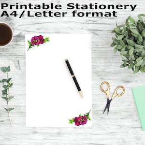 Violet Flower imprimible estacionario, A4 y carta papel de escritura, papel de papelería imprimible, papel de escritura imprimible, páginas de diario, papel de nota