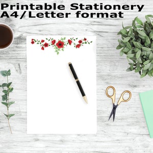 Red Flower Printable Stationary, A4 and Letter Writing Paper, Stationery Printable, Printable Writing Paper, Journal Pages, Note Paper