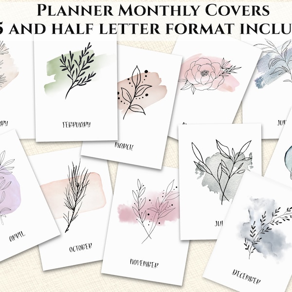 A5 Botanical Watercolor Agenda Monthly Cover Pages. 12 Printable Monthly Planner Dividers A5 and Half Letter Format. Planner Dashboard A5