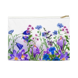 Blue and Purple Flower Pencil Pouch.Floral Accessory Pouch. Large Pencil Bag. Cosmetic Pouch