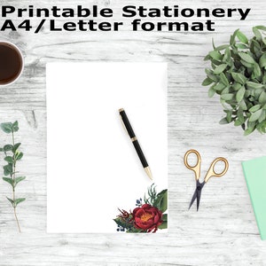 Red Floral Printable Writing Paper, Stationery Printable, A4 and Letter Paper, Journal Paper, Note Paper
