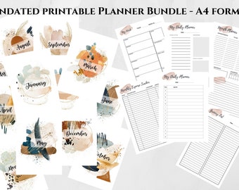 May include: A printable planner bundle in A4 format with a watercolor design. The bundle includes monthly, weekly, and daily planners, as well as a monthly expense tracker. The pages are decorated with abstract watercolor designs in shades of blue, brown, and gold.