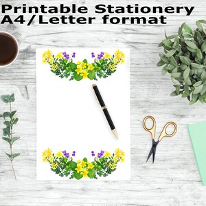Printable Stationary, Yellow A4 and Letter Paper, Watercolor Floral Stationery Printable, Printable Writing Paper, Journal Paper, Note Paper
