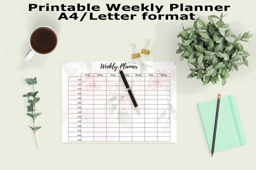 Watercolor Flower Weekly Hourly Planner Printable, Printable A4 and ...
