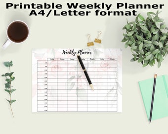 May include: Printable weekly planner in A4/Letter format with a floral design. The planner has a grid layout with columns for each day of the week and rows for time slots. The floral design features pink and gray roses.