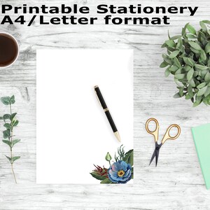 Blue Floral Printable Writing Paper, Stationery Printable, A4 and Letter Paper, Journal Paper, Note Paper